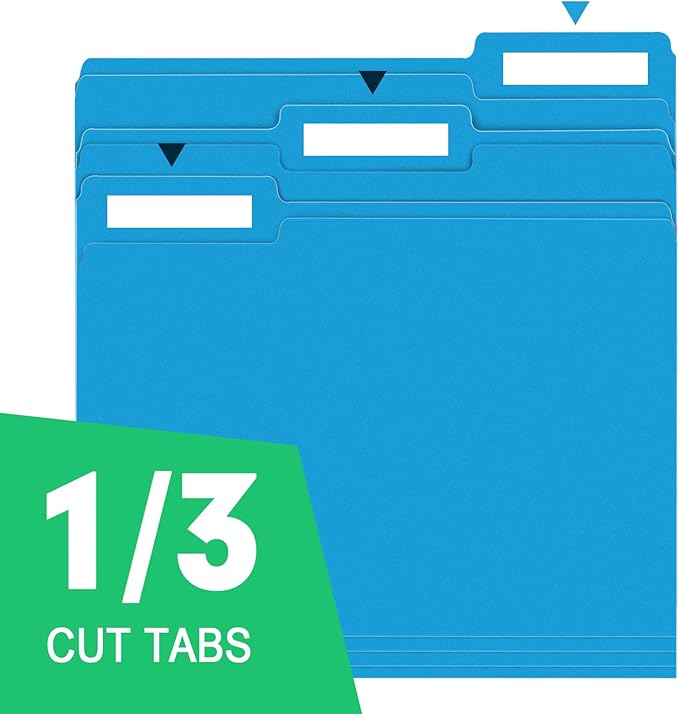 File Folder, RAZCC 100 Pack 1/3 Cut Tab File Folders Letter Size, Blue, Colored Folders with Tab Great for Organizing and Easy File Storage