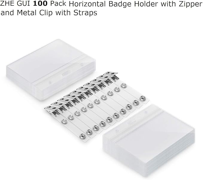 100 Pack Horizontal ID Badge Holder with Clip, Universal Waterproof PVC Transparent Name Tag Holder with Sealed Zipper(2.3 × 3.6 inch)
