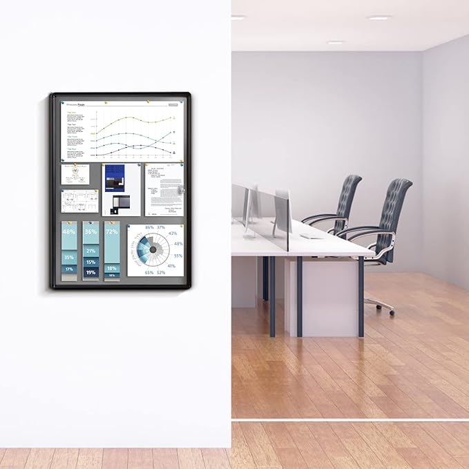 Enclosed Bulletin Board Lockable Display Case Message Board with Locking Door for Indoor, Grey Felt, Black Aluminum Frame, 26 X 20 in