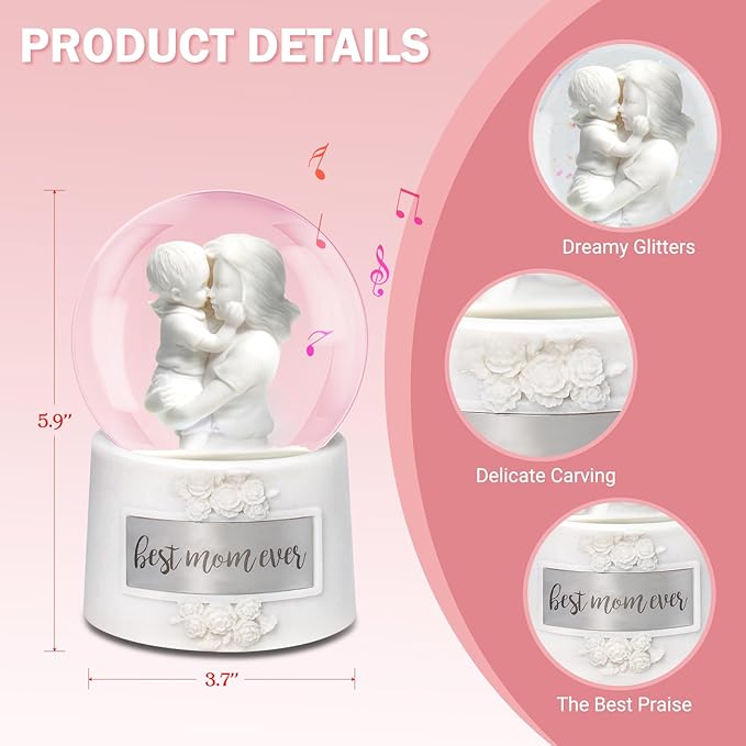 Mothers Day Snow Globe, 5.9" Wind Up Music Box for Mothers Day Decorations Birthday Gifts for Mom Mothers Women Adults Kids