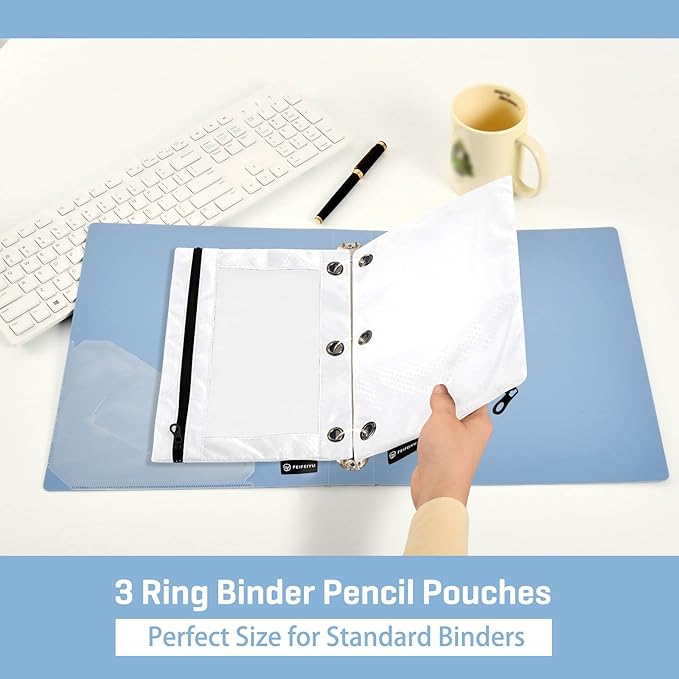 Gredecor Binder Pencil Pouch 3 Ring White Zipper Pencil Pouches Case 2 Pack Clear Binder Organizer for School Office