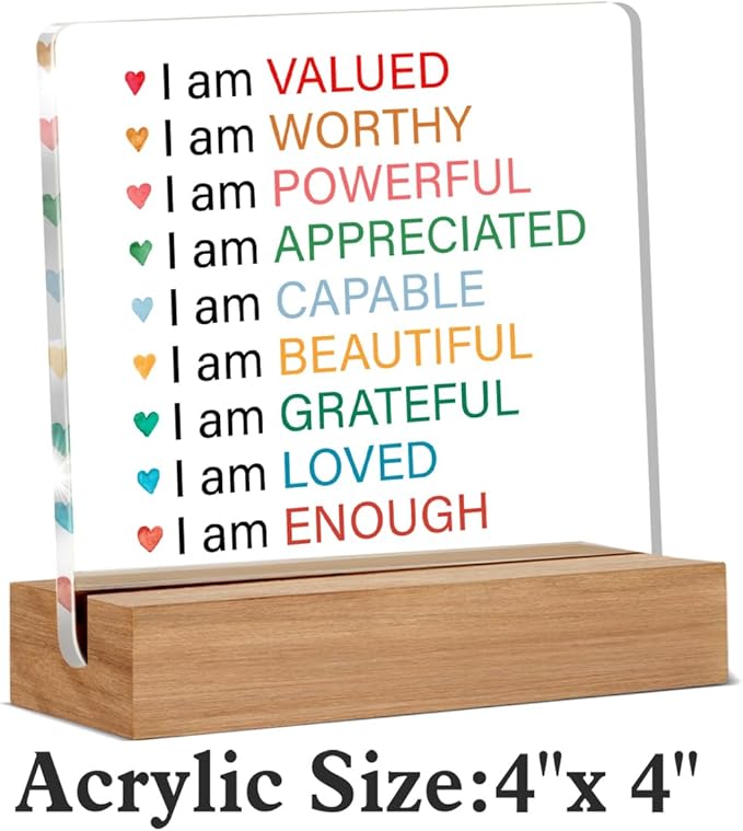 Inspirational Affirmation Gifts I Am Valued Clear Desk Decorative Sign Acrylic Sign With Wooden Stand for Office Desk Table Shelf