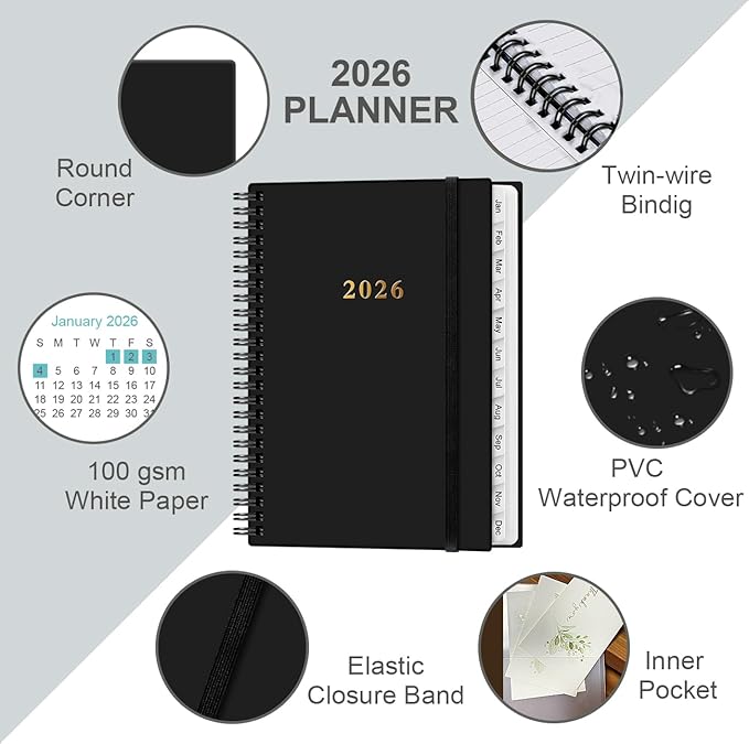 2026 Planner - Planner 2026 from January 2026 - December 2026, Weekly & Monthly Planner Spiral Bound with 12 Monthly Tabs, Inner Pocket, 6.4" x 8.5", Black-B