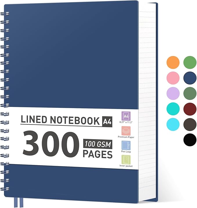 AHGXG Spiral Notebook College Ruled - Spiral Journal Notebook 8.5" x 11" Large A4, 300 Pages Lined Journal, 100GSM Thick Paper, Plastic Hardcover, for Women Men Office School Writing Work, Bule