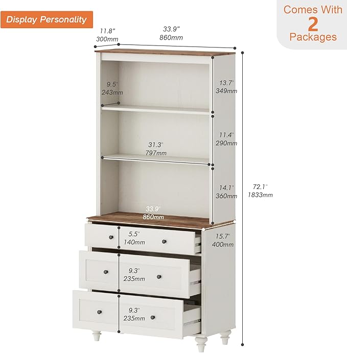 WAMPAT 72" Tall Bookcase Large Display Book Case Shelf with 3-Tier Open Book Shelfs, 3 Tier Farmhouse Bookshelf with 3 Drawers, Library Wood Bookshelves for Living Room or Study Room or Bedroom, White