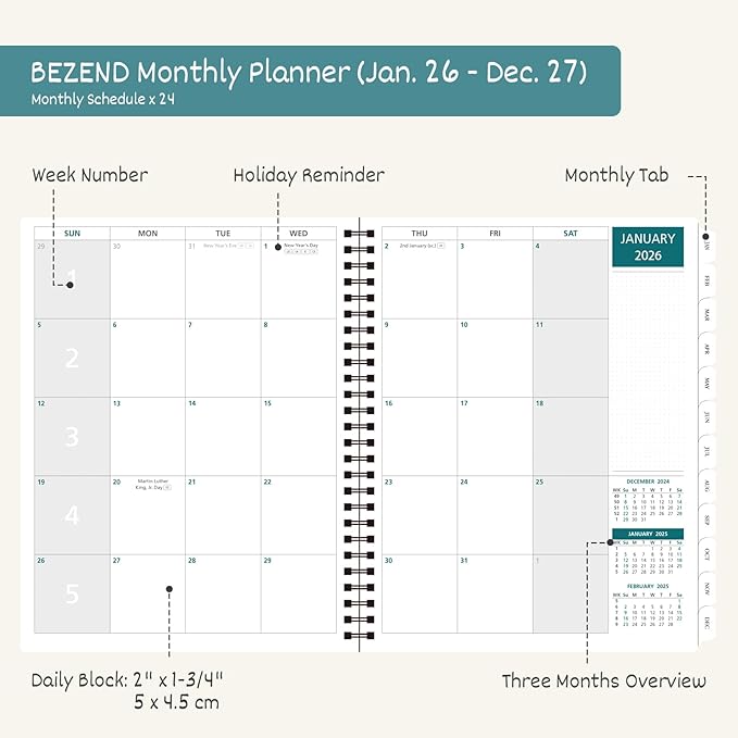 BEZEND Monthly Planner 2026-2027 (Spiral-8.5" x 11") 2 Year Calendar Book with Note Pages - Jan 26 to Dec 27-120 GSM Paper, Inner Pockets, Laminated Tabs, Vegan Leather Softcover - Turquoise