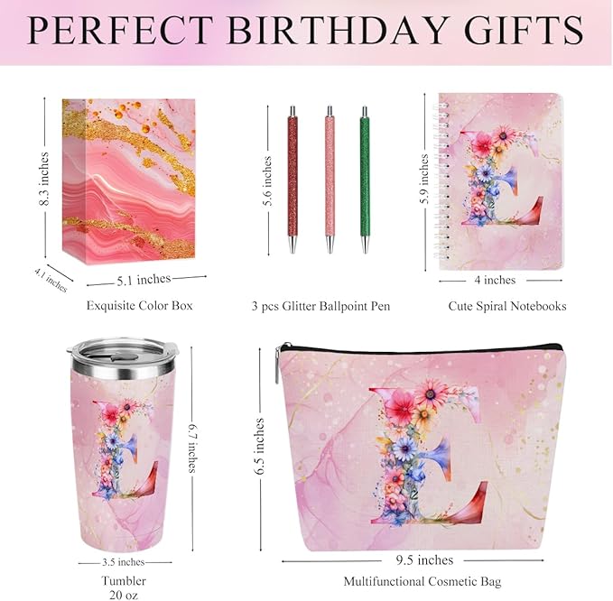 Personalized Gifts Monogrammed Birthday Gifts for Women, Daughter Bestie Friendship Christmas Initial 20 oz Tumbler, Makeup Bag Cup Ballpoint Pens Journal Notebook 6 Set, (Aesthetic Pink Flower E)