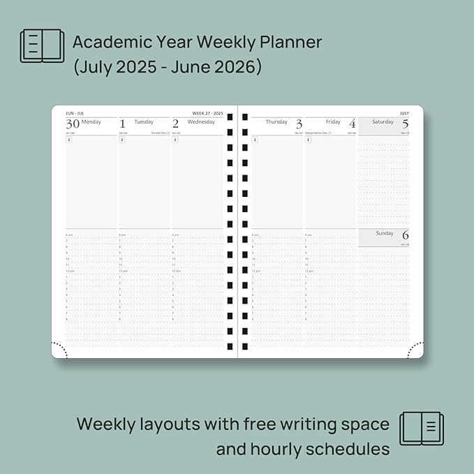 POPRUN Academic Planner 2025-2026 (July 2025-June 2026), Daily Weekly and Monthly Appointment Book (Wirebound Hard Cover - 6.25'' x 8.5'') with Hourly Time Slots, Tabs, 100 GSM - Light Pink