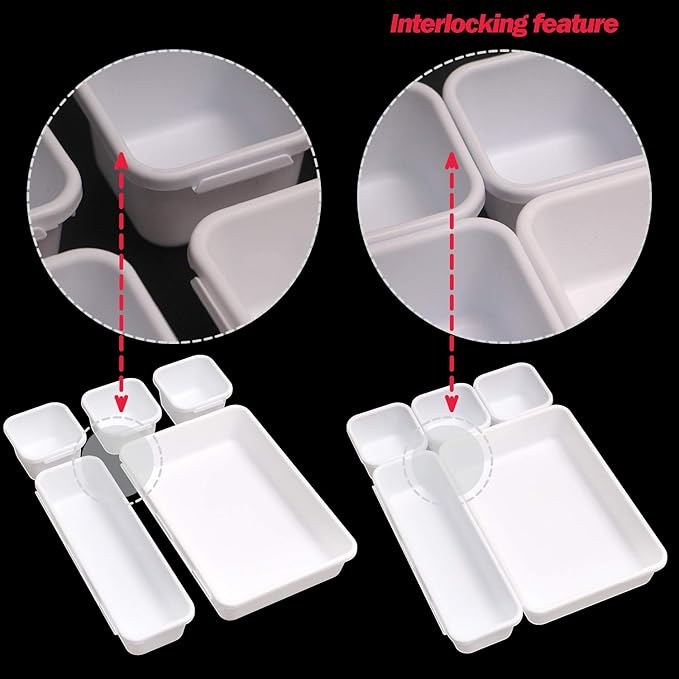 Set of 12 Interlocking Desk Drawer Organizer Tray Dividers Plastic Shallow Narrow Drawers Organizers Separators Storage Bins Container for Kitchen Bathroom Makeup Office Vanity Bedroom Dresser White
