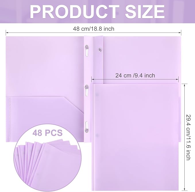 Patelai 48 Pcs Plastic Folders with 2 Pockets and 3 Prongs Home Folders with Card Slot Letter Size Heavy Duty Report Covers for Back to School(Purple,Classic)