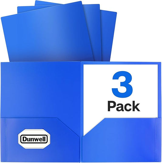 Dunwell Plastic Folders with Pockets (Blue, 3 Pack), 2 Pocket Poly Folders for School, Home or Office, Durable Acid-Free Poly, Includes Removable Adhesive Labels
