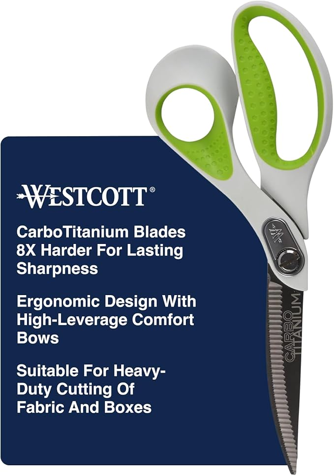 Westcott 9-Inch CarboTitanium Heavy Duty Fabric Scissors with Soft Bent Handle and Serrated Blade, Ideal for Sewing, Crafting, and Utility Fabrics