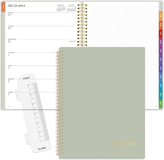 SUNEE 2026 Weekly and Monthly Planner - January 2026-December 2026, 8.5"x11" Half Weekly Half Note, Daily Agenda Planner with PVC Waterproof Cover, Monthly Tab, Note, Pockets, Bookmark, Green