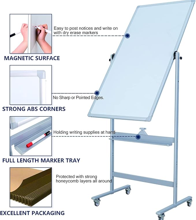 40" x 28" Double-Sided Mobile Whiteboard with Wheels | Rolling Magnetic Dry Erase Board on Stand | Adjustable Height Silver Frame White Board for Office, Classroom & Home