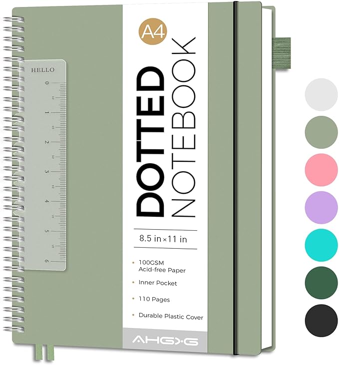 AHGXG Bullet Dotted Journal - Dot Grid Spiral Notebook 8.5" x 11", A4 Large Dotted Notebook, 100 GSM Thick Paper, Waterproof Plastic Cover Journals for Bullet Journaling, Sketching, Sage Green