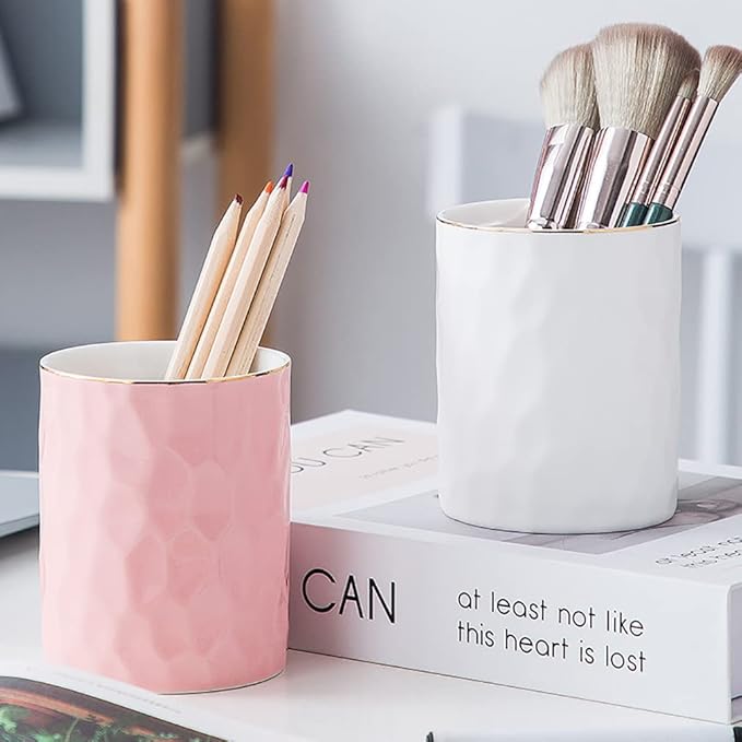 Ceramic Pen Holder Stand Cup Pencil Holder Organizer Makeup Brush Holders for Home Office Desk (White)