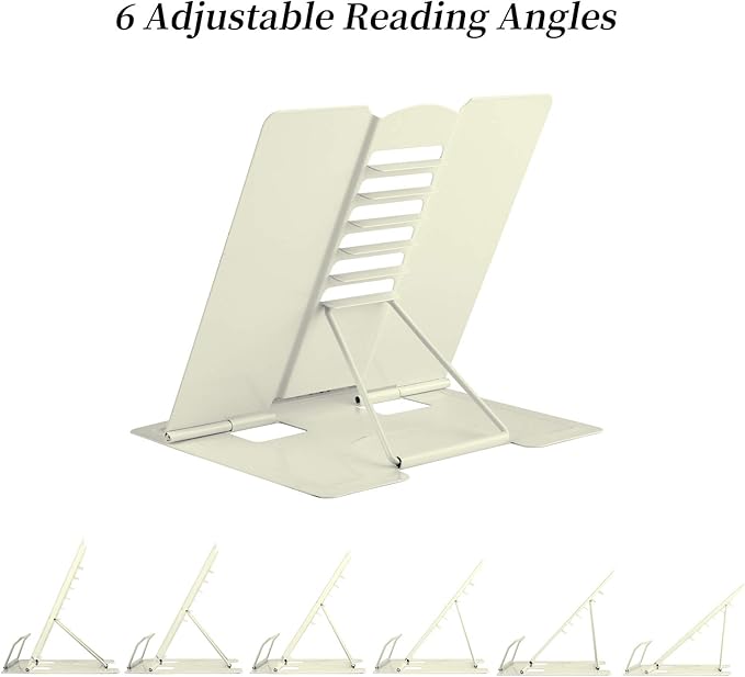 MSDADA Book Stand Metal Reading Rest Book Holder Adjustable Cookbook Documents Holder Portable Sturdy Bookstands for Recipes Textbooks Tablet Music Books with Page Clips Gifts for Girls (Milky White)