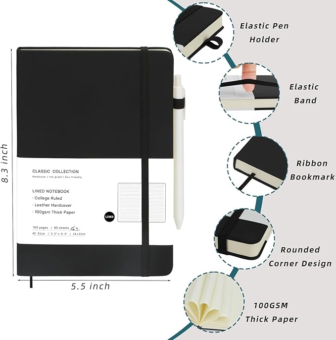 Coopay 12 Pack A5 Journal Notebook with 12 Pens Bulk Classic Ruled Hardcover Leather Journal Set with Pen Holder for Men Women Writing, Office, Home, School, College, Business, 8.3” x 5.5” (6 Colors)