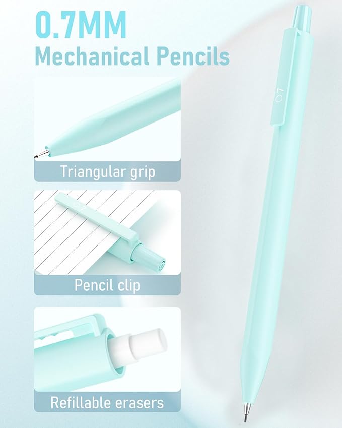 6PCS 0.7mm Mechanical Pencils Set with Case, Cute Pastel Mechanical Pencil with 240PCS HB Lead Refills, 3 Erasers, Aesthetic Back to School Supplies for Student Writing Drawing Sketching