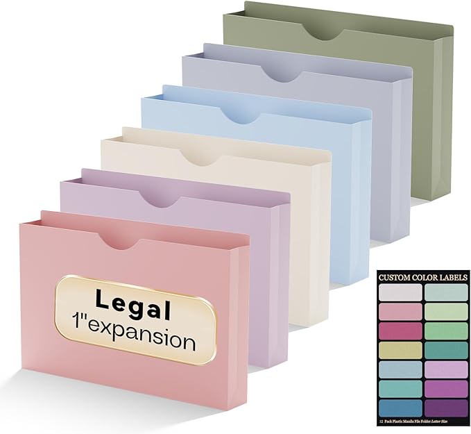 Plastic 1 Inch Manila File Jackets,Legal Size,12 Pack Manilla Pocket Folders,Expandable File Jackets for Document,Expansion Pocket,Straight Cut Tab,Poly Project File Jacket,Pastel Color