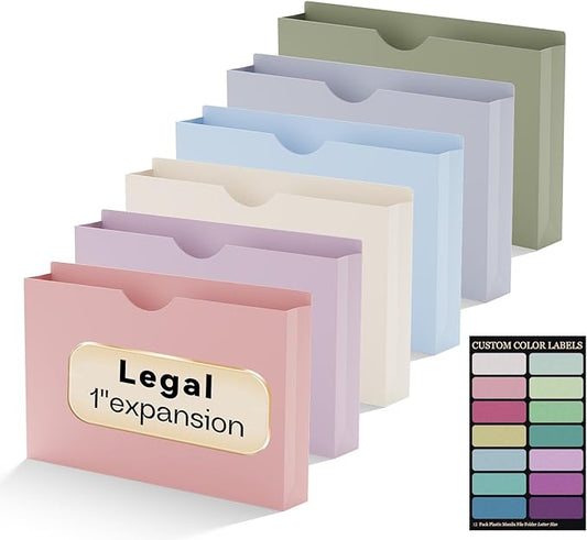 Plastic 1 Inch Manila File Jackets,Legal Size,12 Pack Manilla Pocket Folders,Expandable File Jackets for Document,Expansion Pocket,Straight Cut Tab,Poly Project File Jacket,Pastel Color