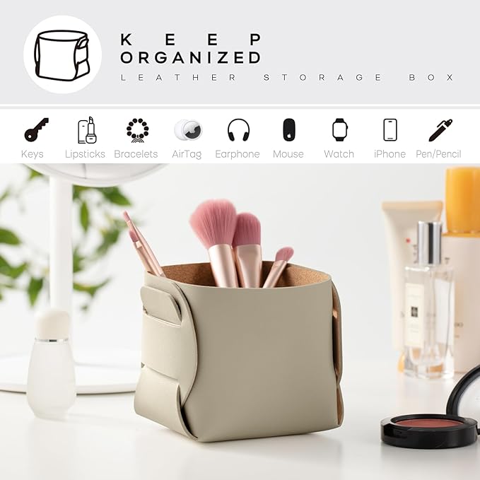 2-Pack Cork Leather Makeup Brush Holder Organizer - Desk Accessories Storage - Pencil Pen Holder - Stylish Addition to Home Decor (Beige)