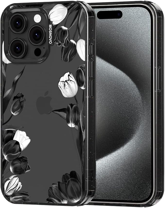 MOSNOVO Case for iPhone 15 Pro Max, [10ft 4X Military-Grade Drop Protection] Durable & Shockproof Phone Case Cover Design for iPhone 15 Pro Max - Black White Tulips - Clear Black