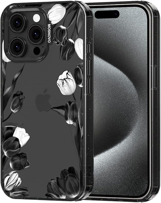 MOSNOVO Case for iPhone 15 Pro Max, [10ft 4X Military-Grade Drop Protection] Durable & Shockproof Phone Case Cover Design for iPhone 15 Pro Max - Black White Tulips - Clear Black