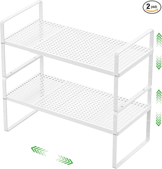 Expandable Cabinet Storage Shelf Stackable Organizer Rack for Kitchen Bathroom Pantry Spice Cupboard Coffee Countertop Home Office Desk Heavy Duty Nonslip White Large 2 Packs