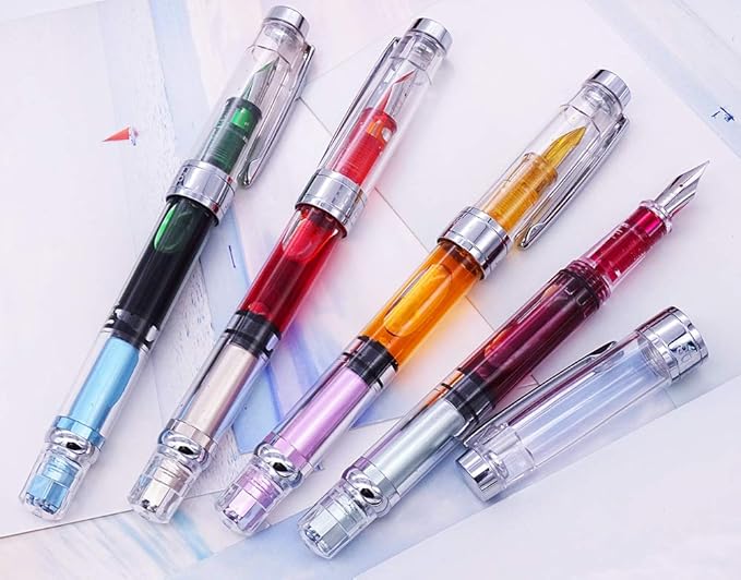 Lanxivi 4 x Yongsheng 3008 Fountain Pen Upgrated Fine Nib,Silver Trim,Piston Filling, Transparent