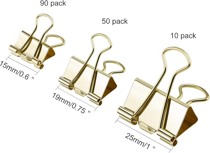 TecUnite 150 Pcs Binder Clips Assorted Sizes Gold Paper Clamps Clips Large Medium Small Office Supplies