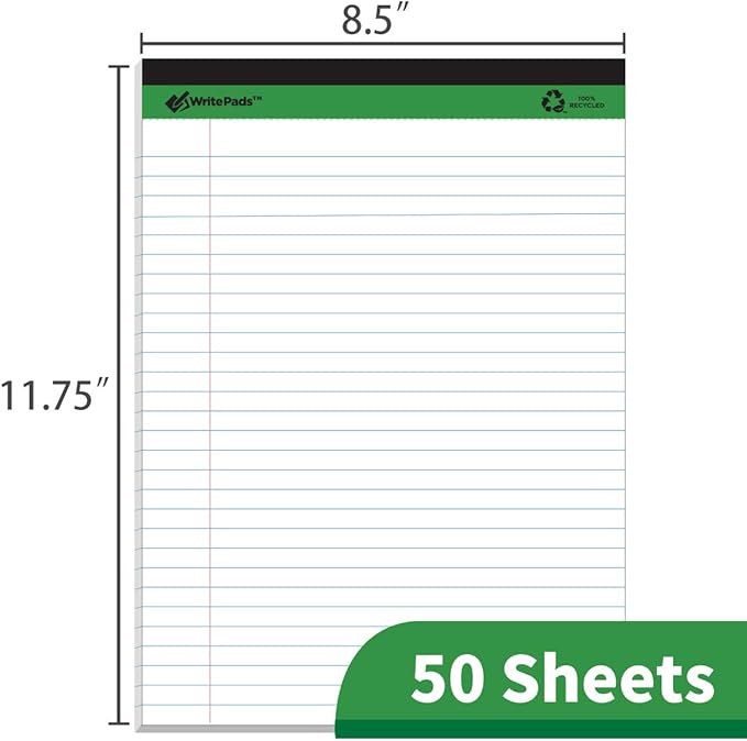 KAISA White Legal Pads 12pads Writing Pads Recycled Paper, 8.5"x11.75" Wide Ruled Perforated 50 sheets Hard Back Notepads 8-1/2"x 11-3/4" Writing Tablet Canary For Office Supplies (Pack of 12pc) KSU-5293