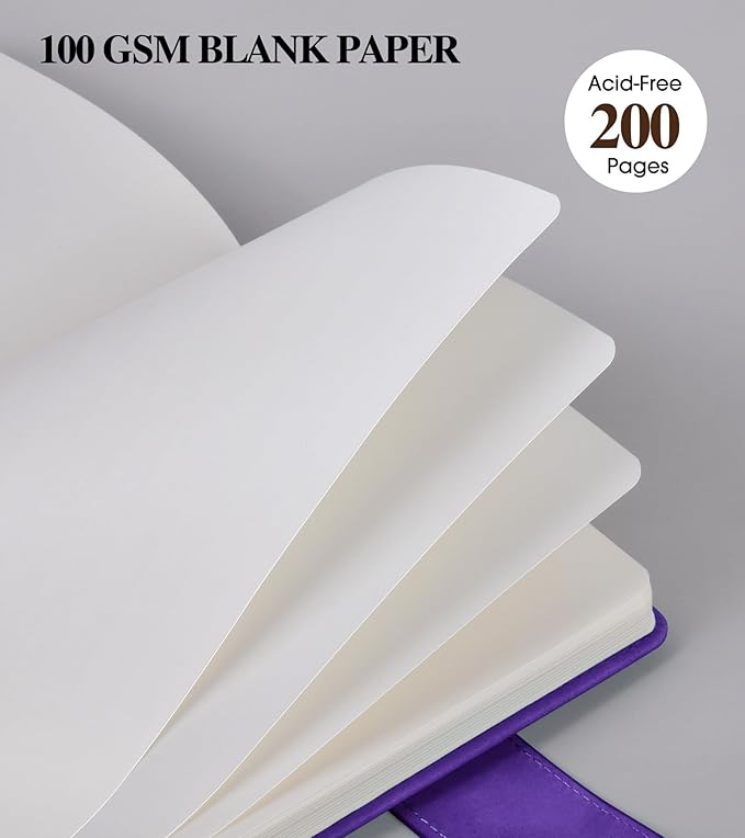 Blank Journal Notebook, A5 Hardcover Leather Sketchbook with 200 Pages Thick Blank Paper for Men Women, Unlined Drawing & Writing Journal, 5.9" x 8.4" Plain Notebook (purple)
