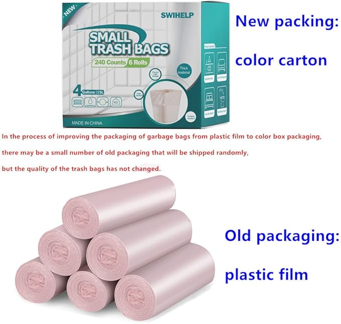 SWIHELP Trash Bags, 4 Gallon / 15 Liters Small Garbage Bags for Office, Kitchen,Bedroom Waste Bin,Colorful Portable Strong Rubbish Bags,Wastebasket Bags 240 Counts