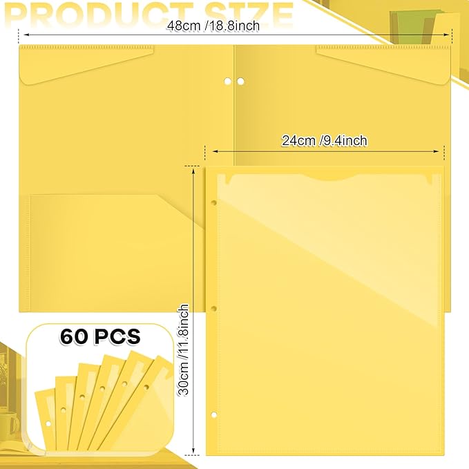 Henoyso 60 Pcs 2 Pocket Plastic Folders with Clear Front Pocket 3 Hole Punched File Folder Letter Size Take Home Documents Holder for Paper Holder Office Business Back to School Supply (Yellow)