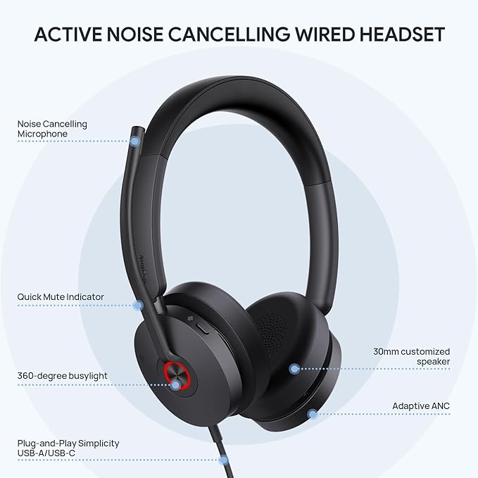Yealink UH48 ANC USB Headset with Microphone, Active Noise Cancelling Wired Headphones for PC Computer, Works with Zoom Teams and Other Call Platforms, All Day Comfort, Mute Button