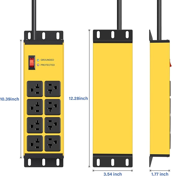 CCCEI Yellow Heavy Duty Power Strip Surge Protector 20 AMP, 8 Outlets 12 Gauge Industrial Shop Garage Metal Multiple Outlets, 20 FT Extension Cord 5-15P Adapter High Amp 6-20R T-Slot 20a for Appliance