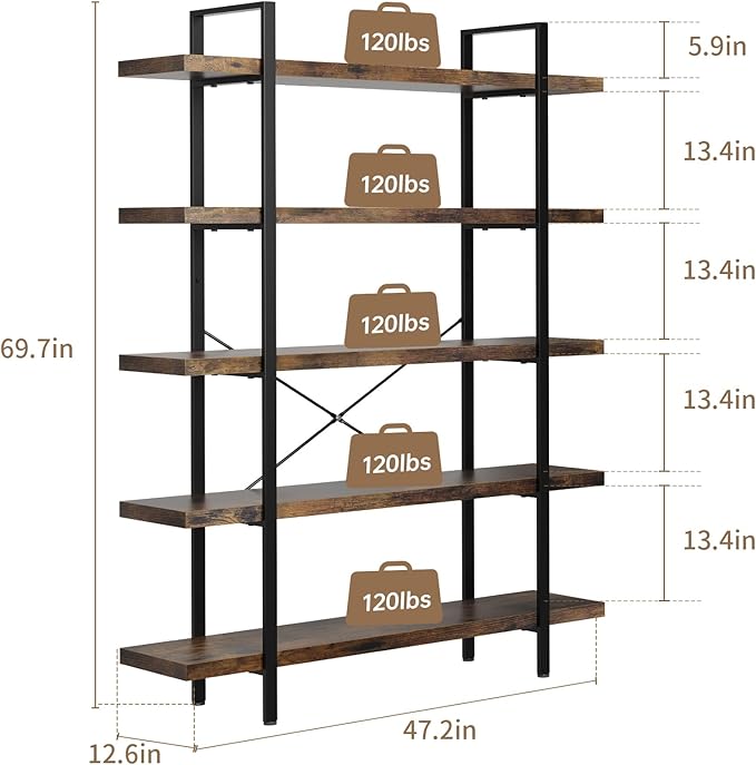 5 Tier Bookcase, 47 Inch Wide Wood Bookshelf, 120lbs Shelf Capacity, Rustic Open Shelving Industrial Display with Reinforced Horizontal Brown Shelves for Living Room Bedroom Office