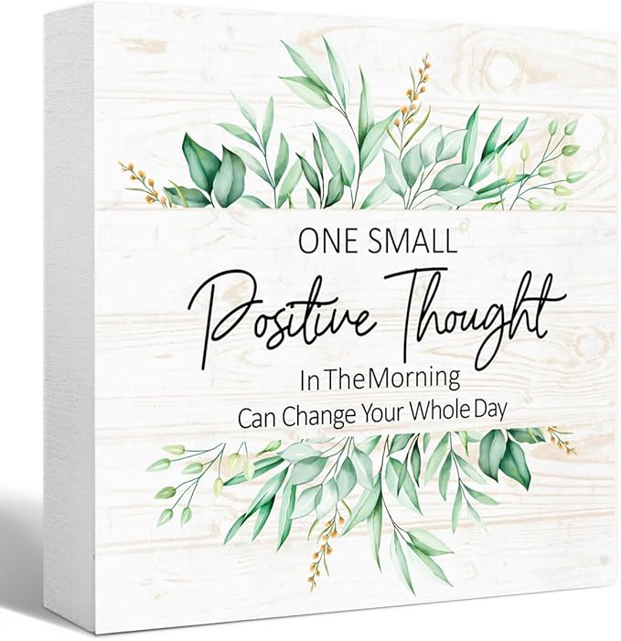 One Small Positive Thought Sign Wood Box,Inspirational Quote Wooden Block Sign for Home Office Tabletop Shelf Decor 5" x 5",Motivational Desk Decor Accessories for Women
