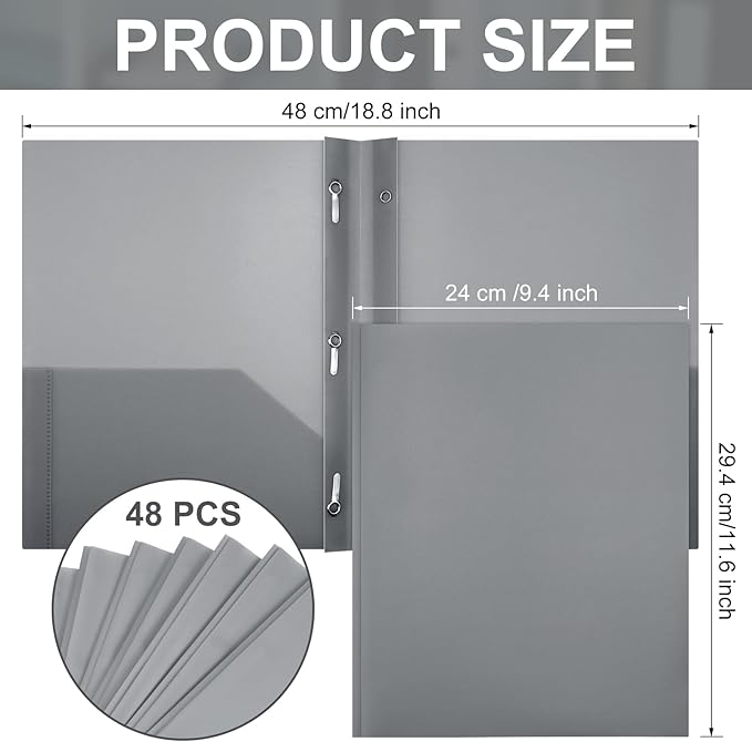 Patelai 48 Pcs Plastic Folders with 2 Pockets and 3 Prongs Home Folders with Card Slot Letter Size Heavy Duty Report Covers for Back to School(Gray,Classic)