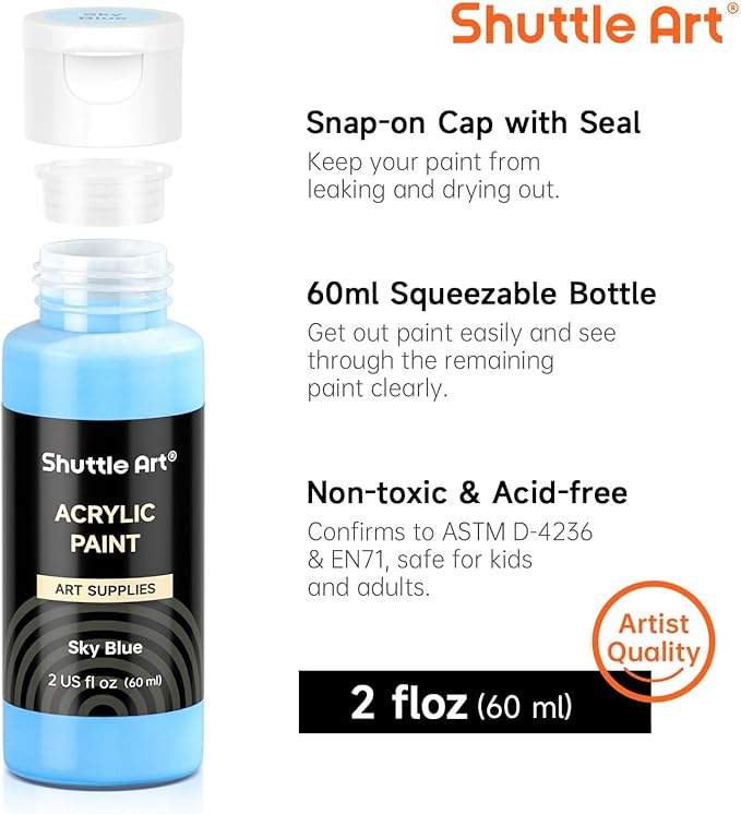 Shuttle Art Acrylic Paint, 42 Colors Acrylic Paint Set with 12 Brushes, 2oz/60ml Bottles, Rich Pigmented, Water Proof, Premium Paints for Artists, Beginners and Kids on Canvas Rocks Wood Ceramic