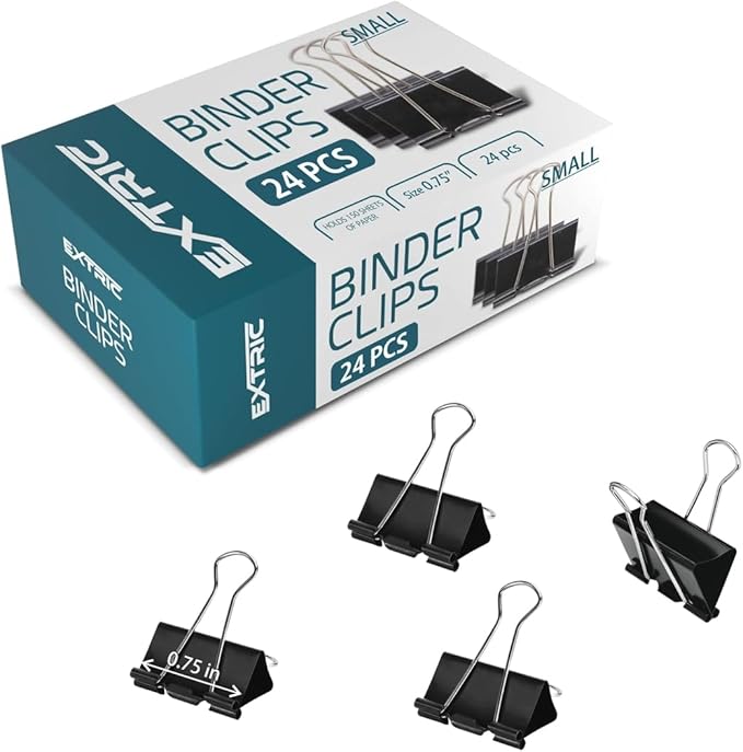 Binder Clips - 24 Small Binder Clips, 0.75 Inch Black Paper Clamps, File Clip for Home, Office and School Supplies