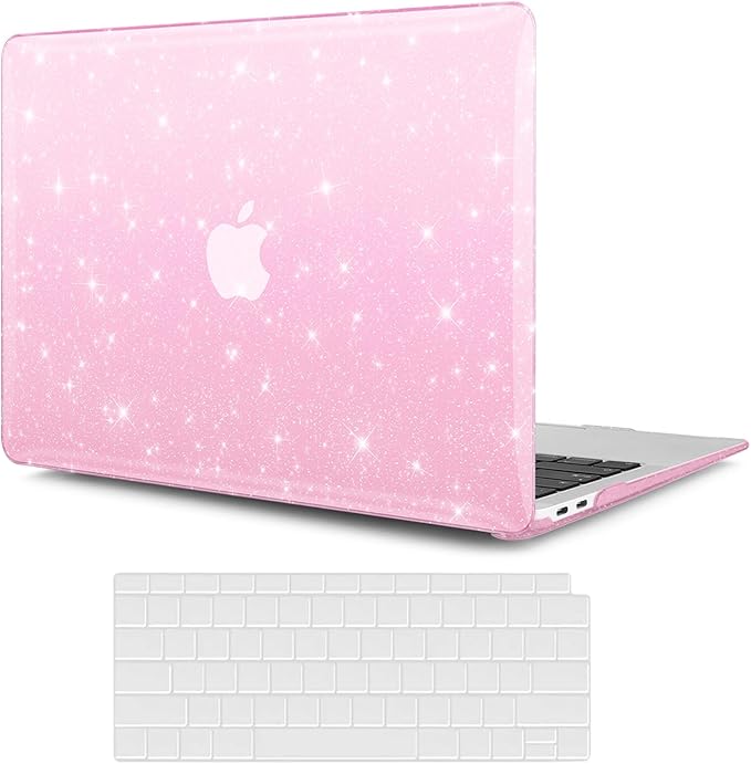 KEROM Pink Glitter Case for MacBook Air 13 inch 2022-2018 M1 A2337 A2179 A1932, MacBook Air M1 Case - Girly Shiny Bling Sparkle Glitter Plastic Hard Shell Case & Keyboard Cover for MacBook Air 13.3''