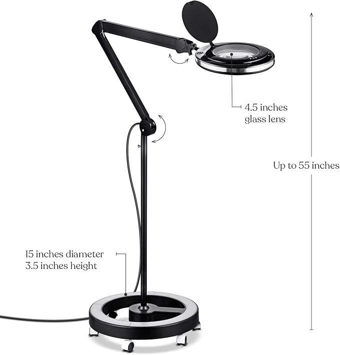 Brightech Lightview Pro Magnifying Glass with Stand & Light, Magnifying Floor Lamp with 6-Wheel Rolling Base for Facials & Lashes – Dimmable LED Work Light for Crafts, Sewing, and Projects - 5 Diopter