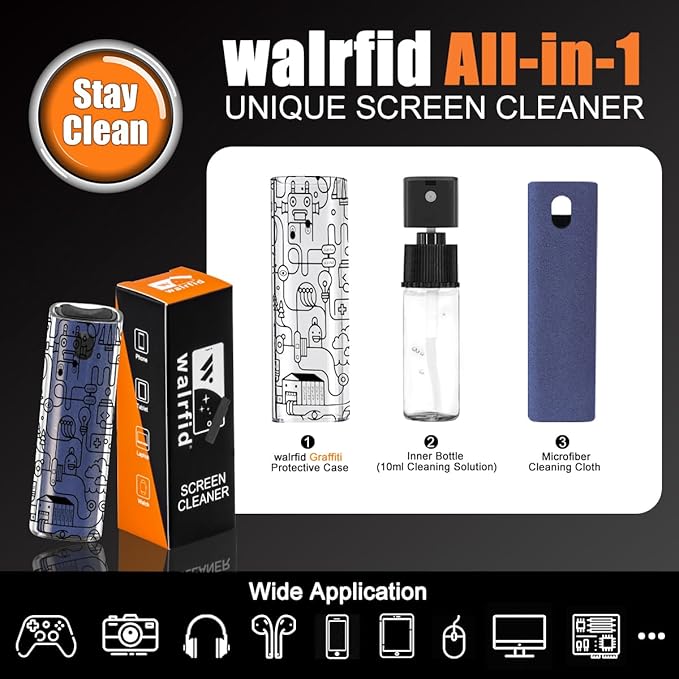 walrfid Car Screen Cleaner Spray and Wipe, Laptop Touchscreen Mist Cleaning Kit for Electronics Computer, iPad, Cellphone, MacBook, TV, Monitor, Tablet Display, with Black Graffiti Case - Dark Blue