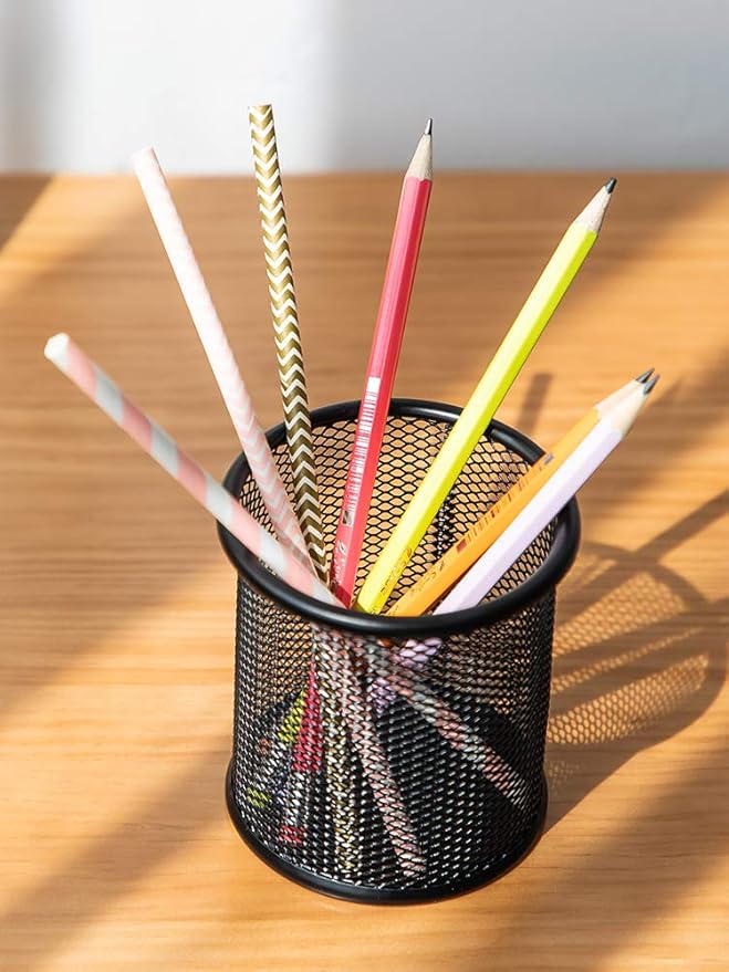 Black Pen Holder Cup for Desk, Black Wire Mesh Pencil Cup Holder for Desk Office Pen Organizer