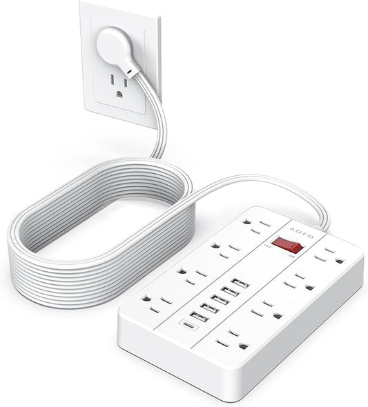 15ft Extension Cord Long Power Strip,AOFO 8 Widely-Spaced Outlets & 6 USB Ports Flat Plug Power Strip,Power Cord for Wall Mountable and Desktop White