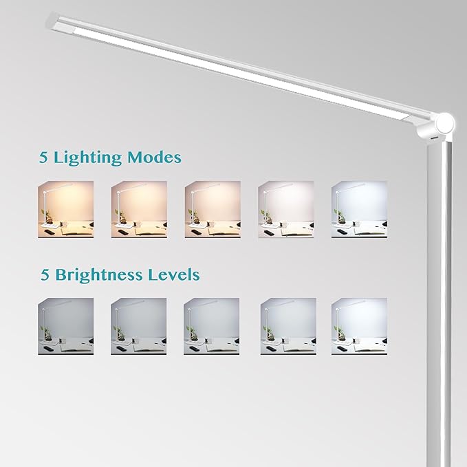 LED Desk Lamp with USB Charging Port, Dimmable Eye-Caring Table Lamps with Wireless Charger, 5 Brightness Levels & 5 Lighting Modes, Touch Control, Auto Timer