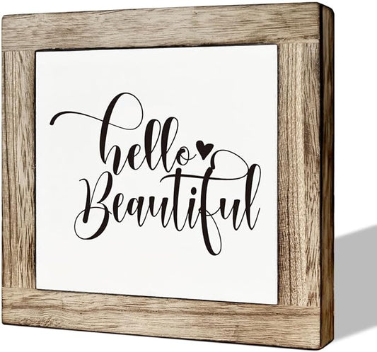 Hello Beautiful Sign, Rustic Wood Sign, Bathroom Decor Set, Wooden Box Signs for Home Decors, Modern Farmhouse Decor for Shelf Tabletop Desk, Housewarming Decors, Bathroom Box Signs B6-122