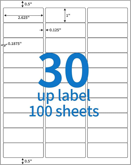 BESTEASY 30-up 100 Sheets 1" X 2-5/8" Address Shipping Labels for Laser and Inkjet Printers, FBA Product Labels (3000 Labels)